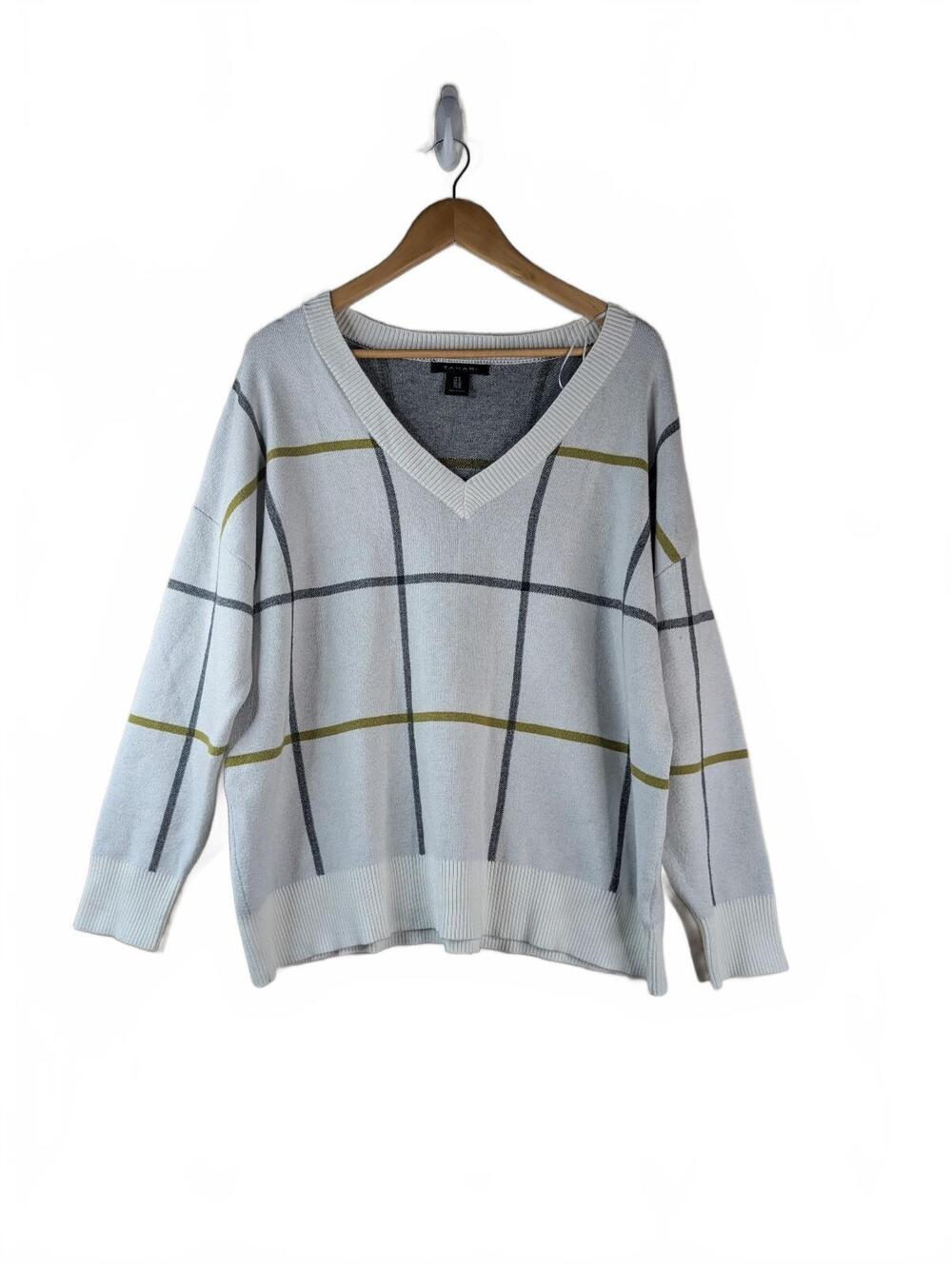 Tahari Windowpane Plaid V-Neck Sweater Size 1X
